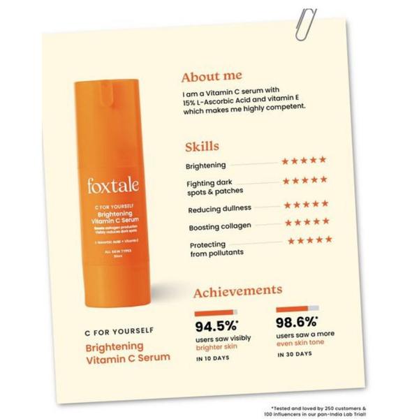 A clean, minimalist 1:1 square creative featuring a Vitamin C serum bottle alongside a simulated 'resume' layout of product benefits, star ratings, and clinical trial statistics.